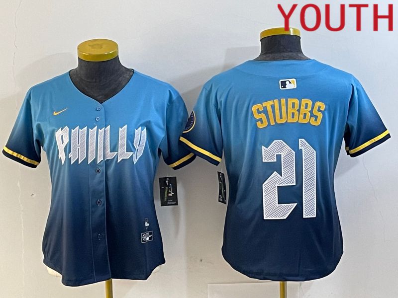Youth Philadelphia Phillies #21 Stubbs Blue City Edition 2024 Nike MLB Jersey style 1
